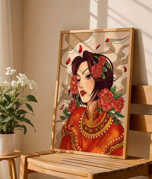 Elegantes Porträt einer Frau in traditioneller Kleidung mit floralem Haarschmuck