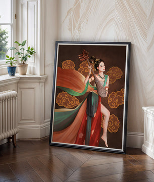 Elegante representación de una mujer tocando un instrumento de cuerda tradicional con ropajes fluidos y fondo ornamentado