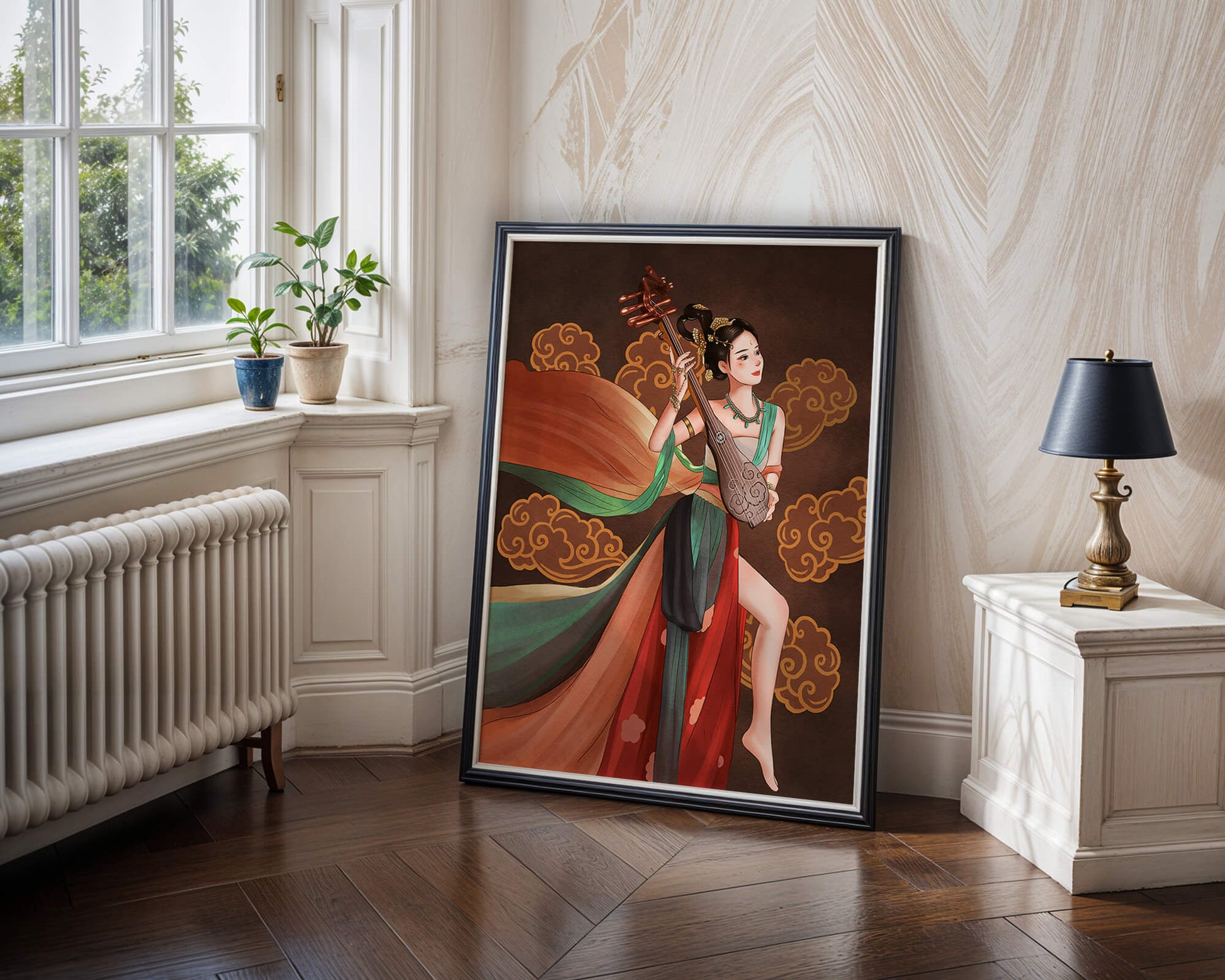 Elegant depiction of a woman playing a traditional string instrument with flowing garments and ornate background