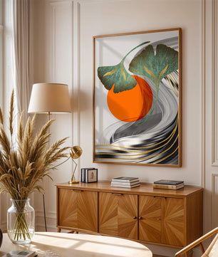 Hojas de Ginkgo abstractas con círculo naranja y ondas plateadas