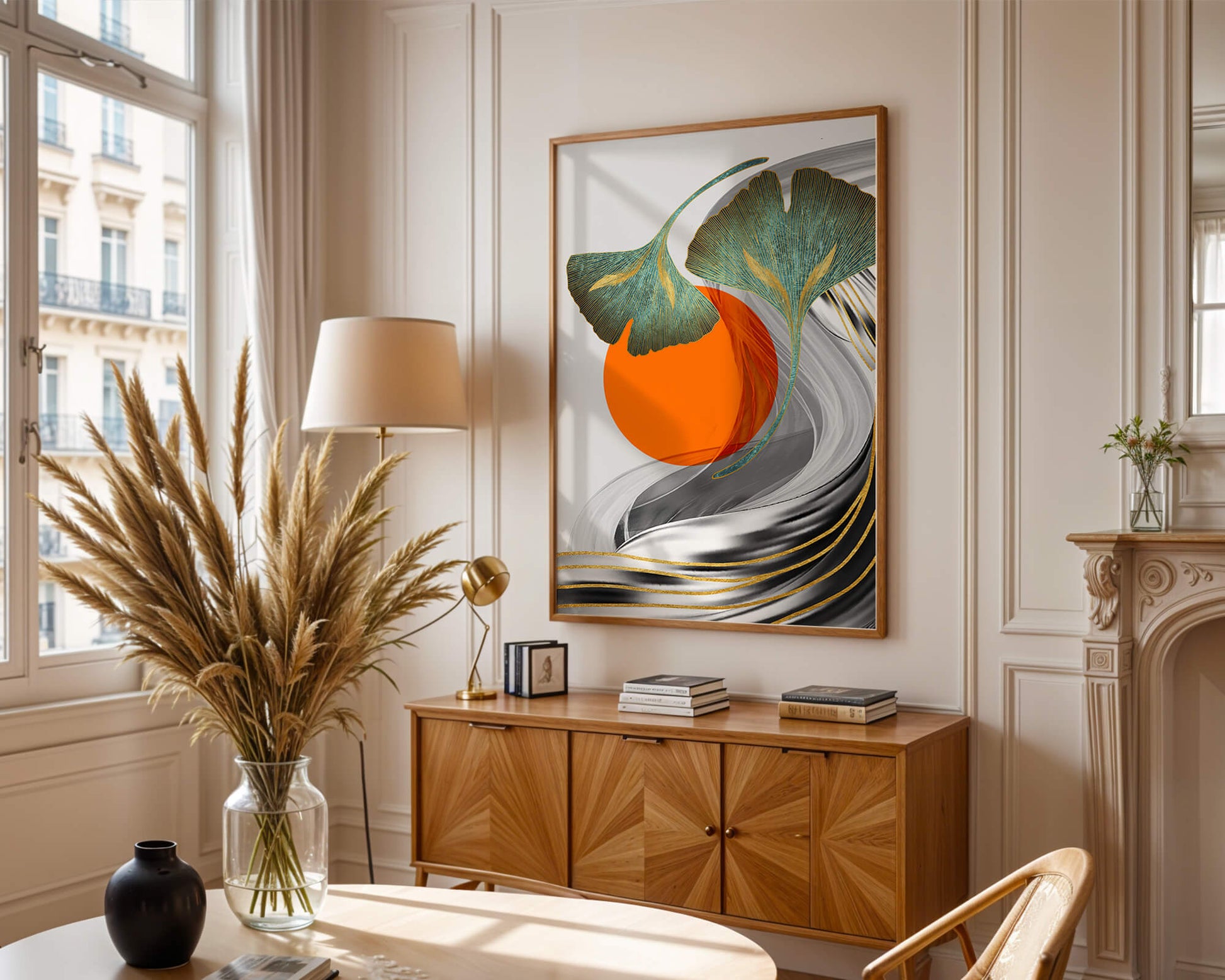 Hojas de Ginkgo abstractas con círculo naranja y ondas plateadas