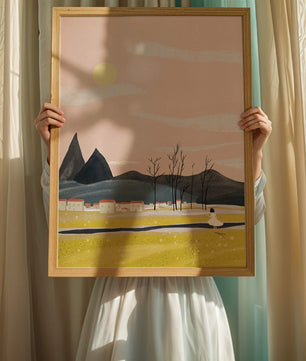 Serene landscape with mountains, village, and a girl under a pink sky