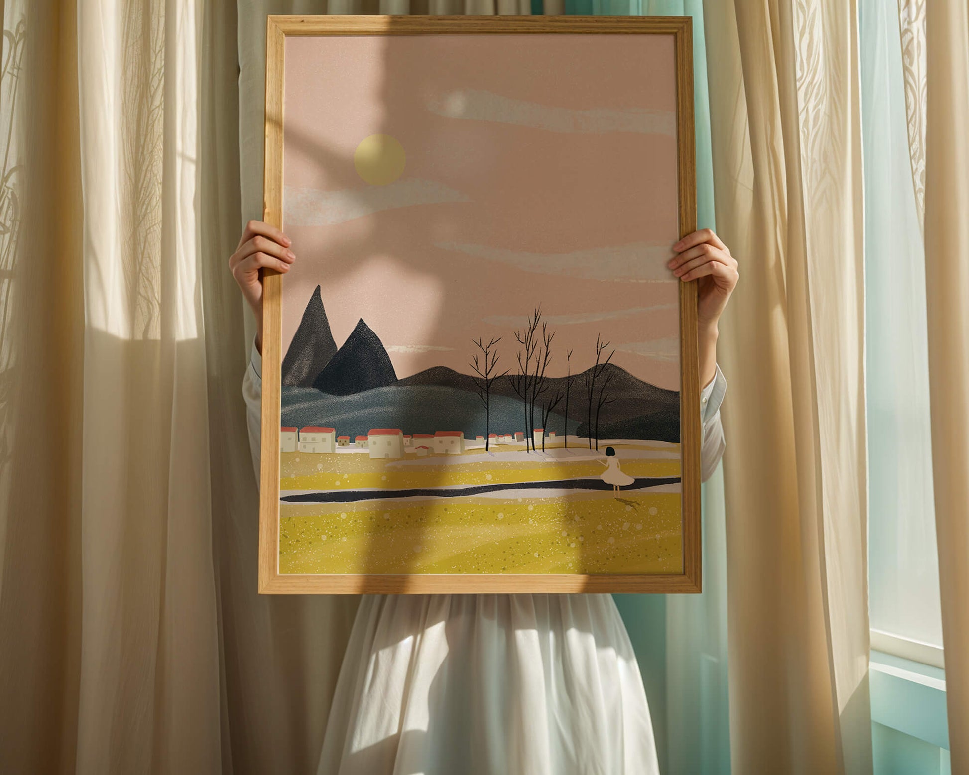 Serene landscape with mountains, village, and a girl under a pink sky