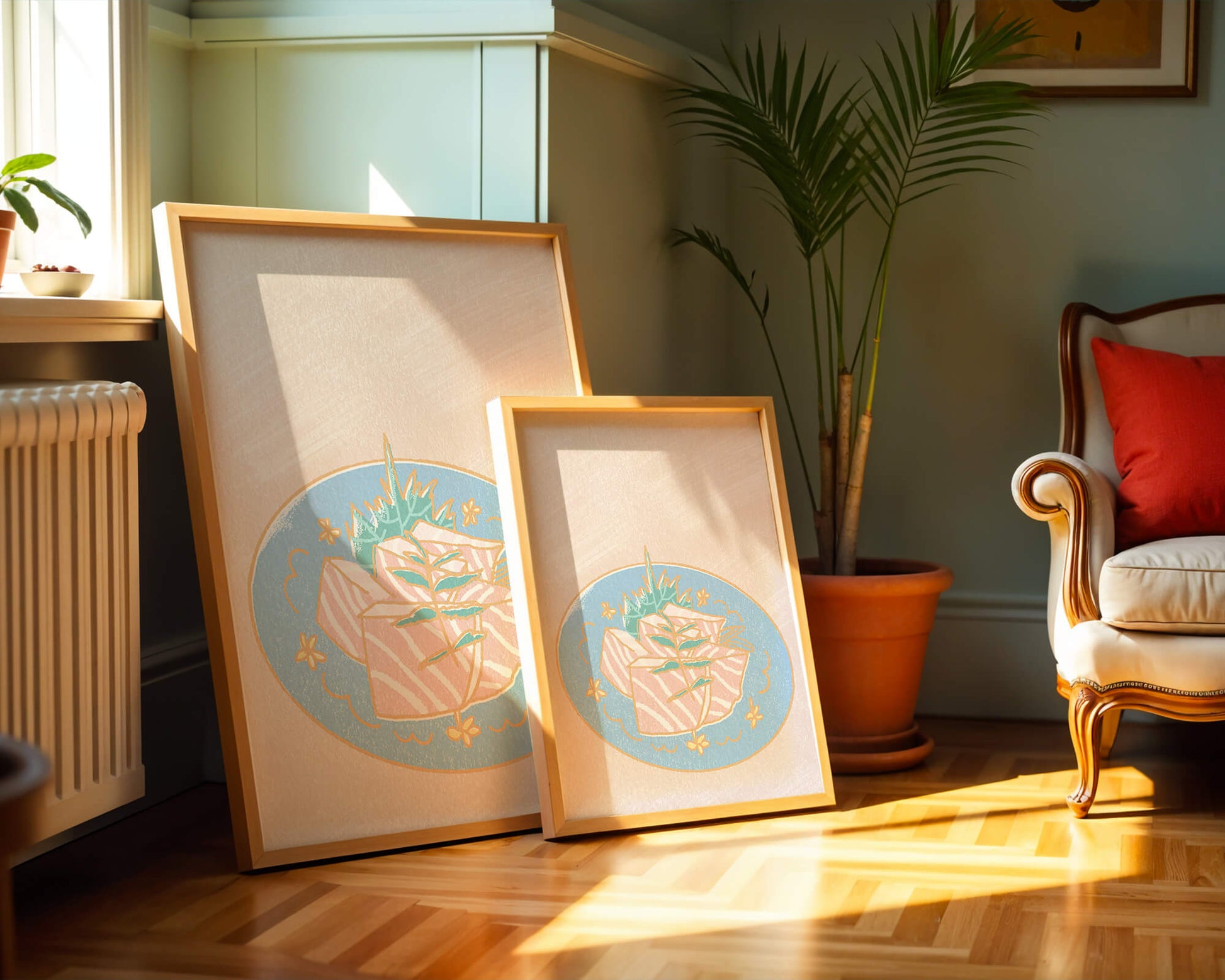 Ilustración de rodajas de sushi fresco en un plato decorativo