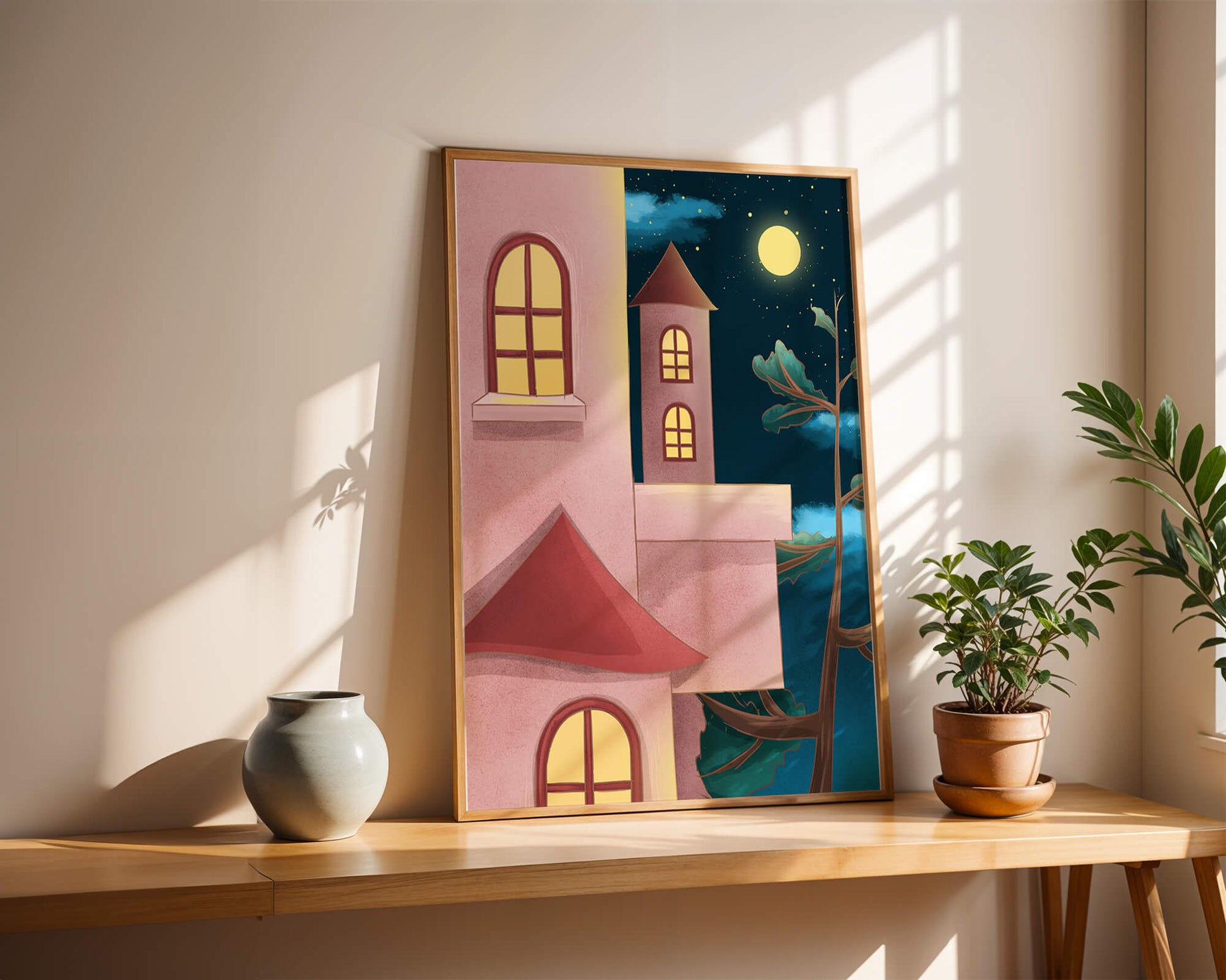 Castle with Arched Windows under Moonlit Sky