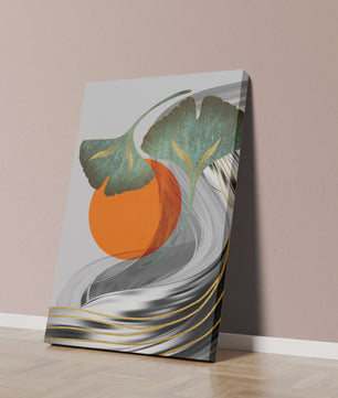 Hojas de Ginkgo abstractas con círculo naranja y ondas plateadas