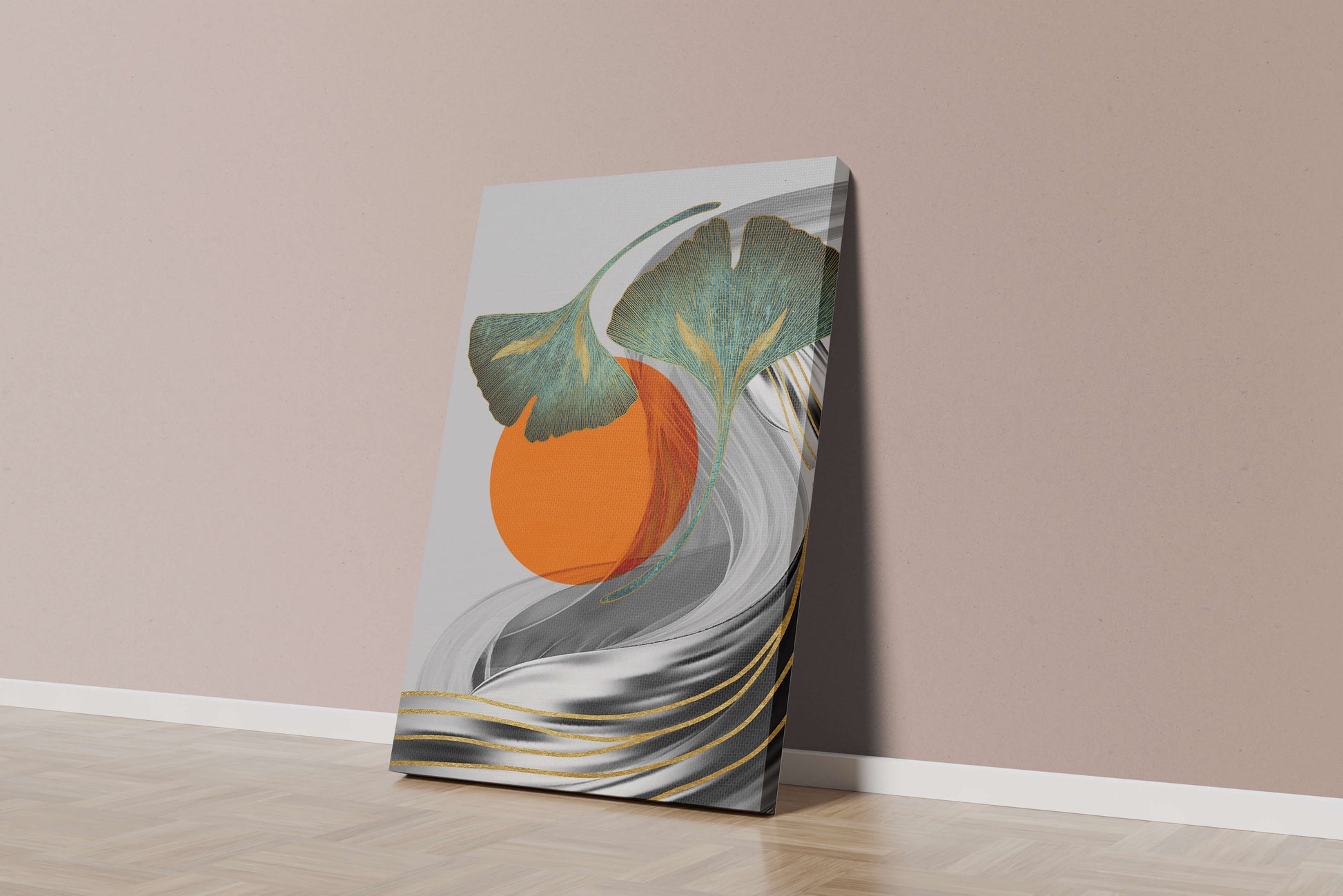 Hojas de Ginkgo abstractas con círculo naranja y ondas plateadas
