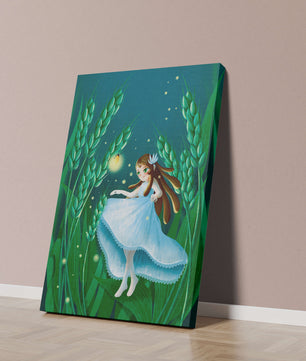 Enchanting fairy in magical wheat field at night