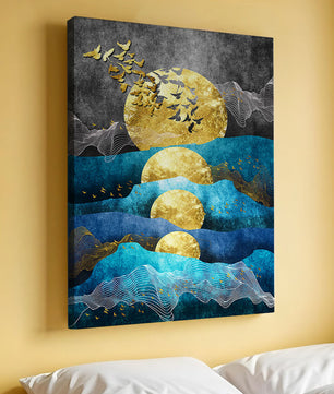 Abstract Landscape with Golden Sun and Flying Birds