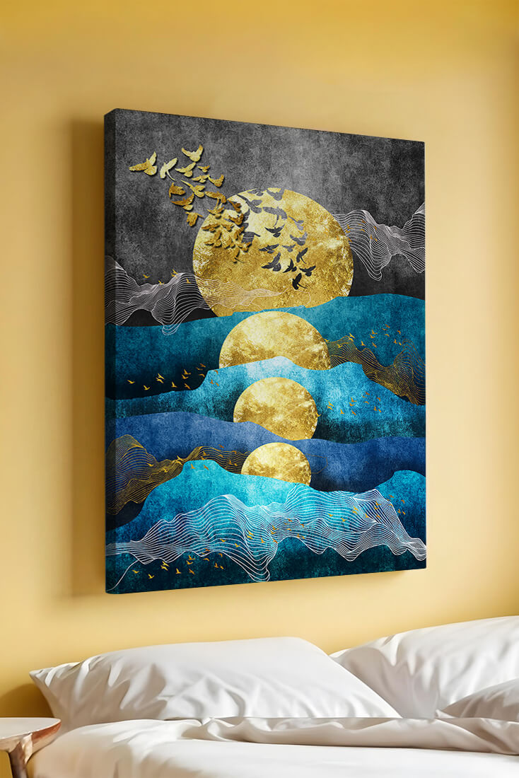Abstract Landscape with Golden Sun and Flying Birds