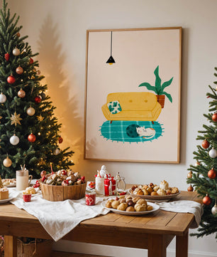 Cozy Living Room with Yellow Sofa and Sleeping Cat