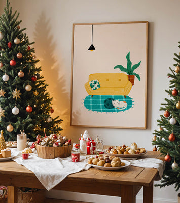 Cozy Living Room with Yellow Sofa and Sleeping Cat