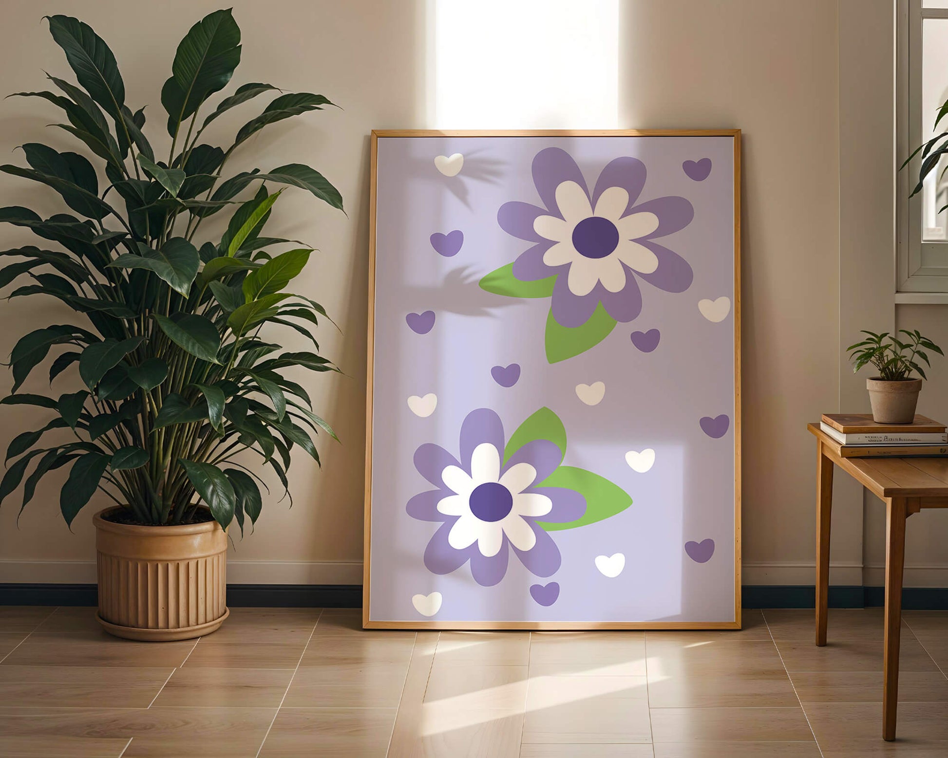 Elegant purple floral pattern with green leaves and heart accents