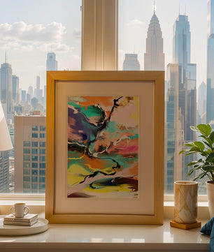 Pintura abstracta colorida con líneas vibrantes y dinámicas