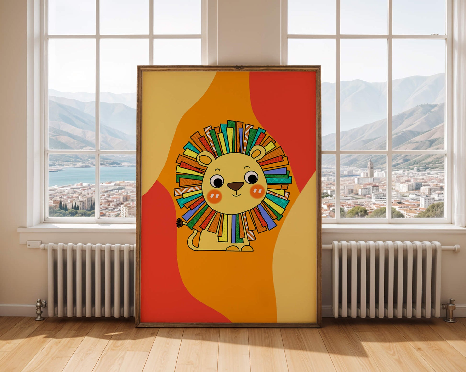 Colorful cartoon lion illustration with vibrant mane on abstract background
