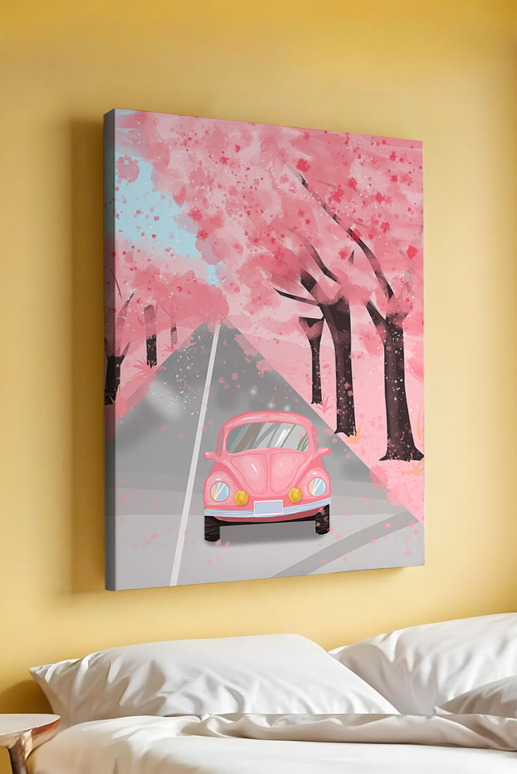 Pink vintage car on a cherry blossom road