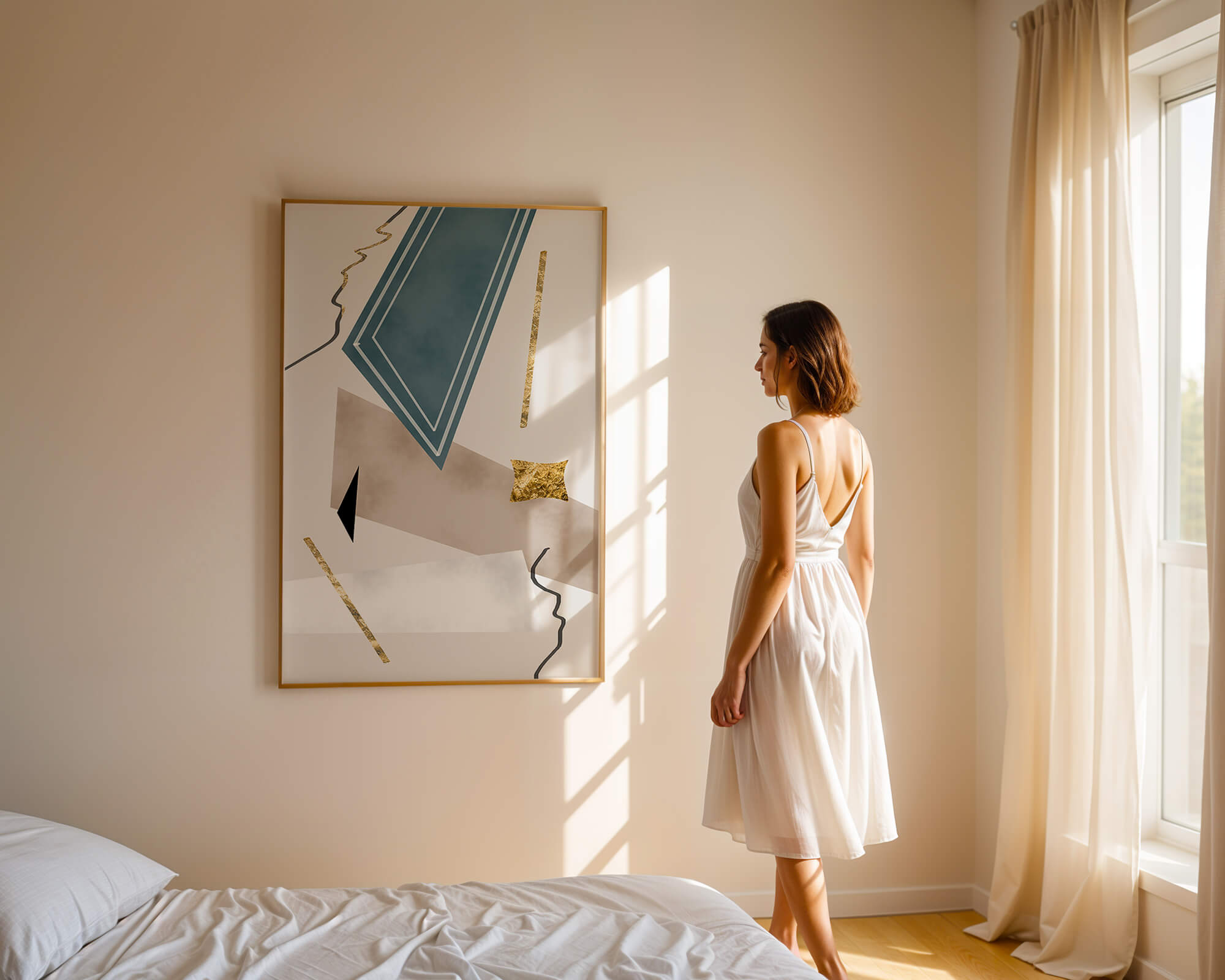 Abstract geometric artwork with gold accents and dynamic shapes