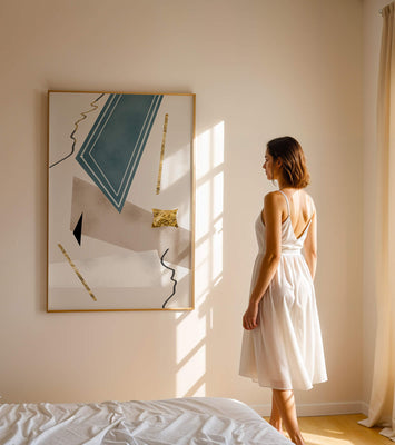 Abstract geometric artwork with gold accents and dynamic shapes