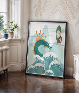 Illustration d’un dragon avec des vagues et des éléments traditionnels chinois