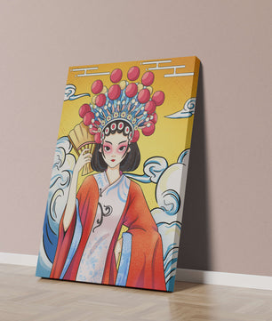 Eine elegante Darstellung asiatischer Kunst mit traditioneller Kleidung und kunstvollem Kopfschmuck