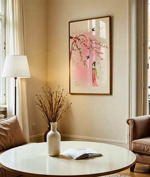 Art chinois traditionnel avec des fleurs de cerisier et une silhouette élégante