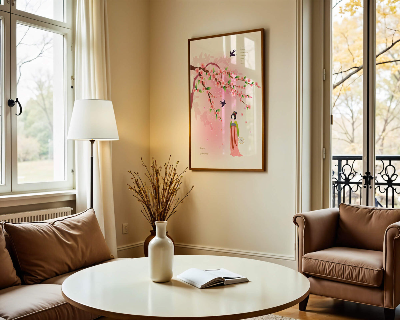 Traditional Chinese art with cherry blossoms and elegant figure