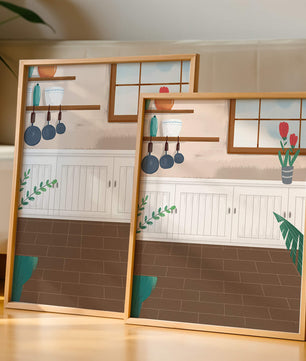 Cozy kitchen interior with wooden accents and potted plants