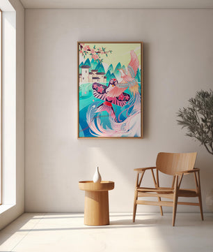 Illustration colorée d’oiseaux et de fleurs avec une architecture orientale