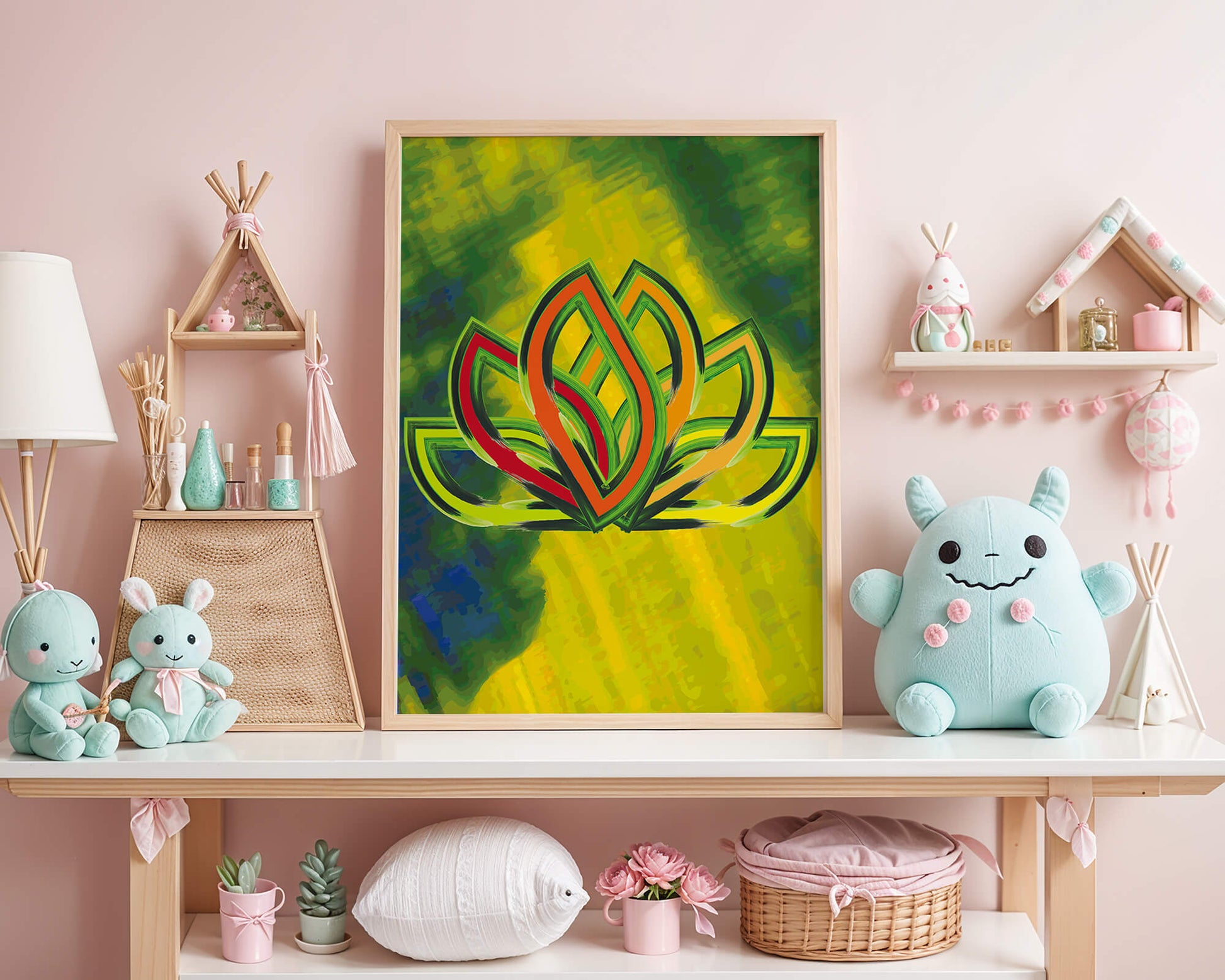 Diseño abstracto de loto con colores vivos y formas orgánicas