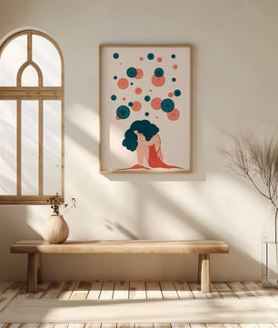 Abstract Illustration of a Woman with Curly Blue Hair Surrounded by Colorful Circles - Mi tienda