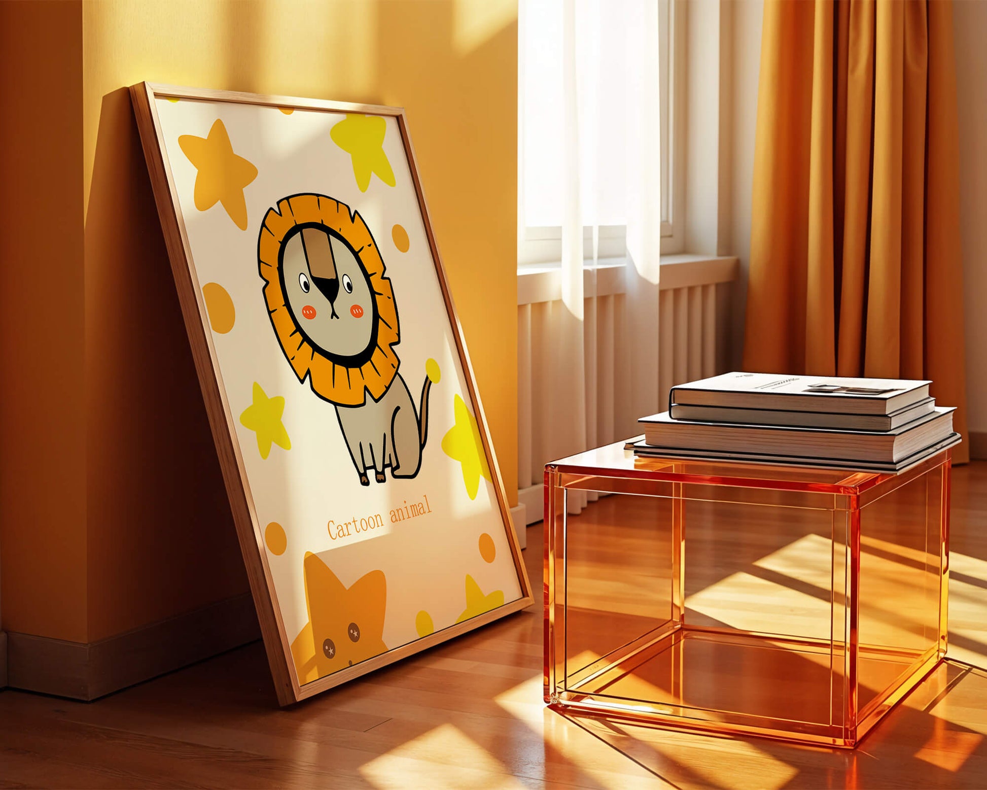 Cute cartoon lion illustration with stars for children's room