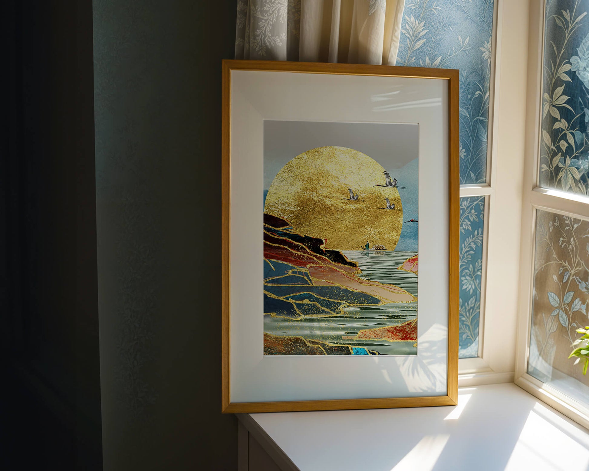 Majestic Golden Sun with Birds over Serene Landscape
