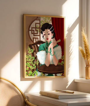 Elegant Woman in Traditional Asian Attire with Floral Background