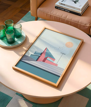Ilustración arquitectónica moderna con diseño geométrico y atardecer