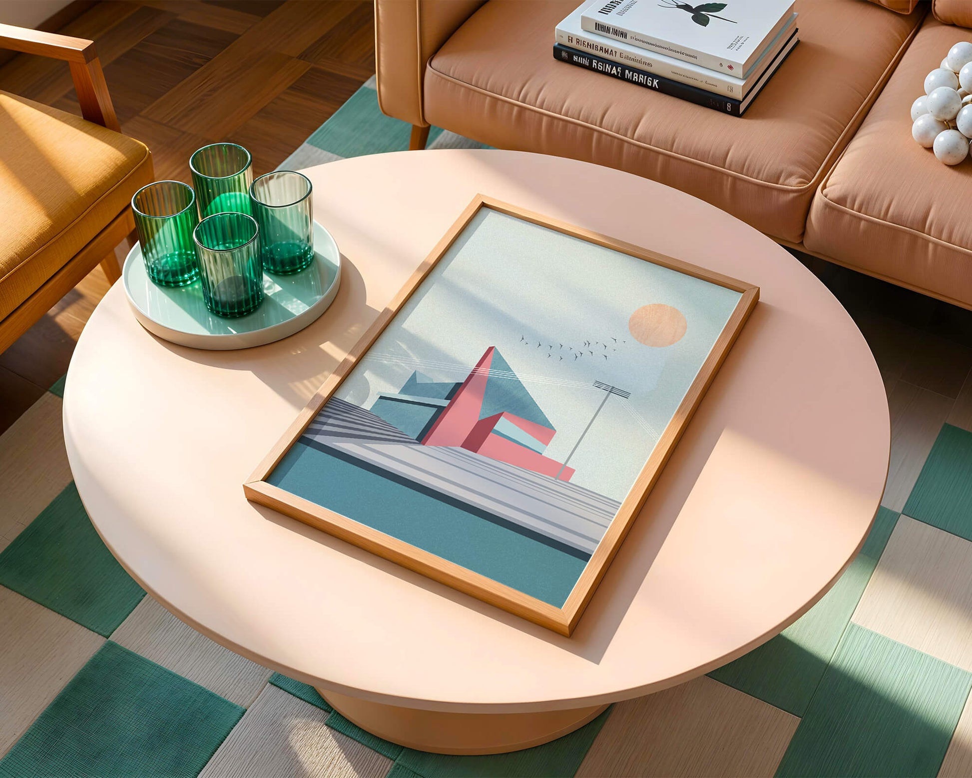 Ilustración arquitectónica moderna con diseño geométrico y atardecer