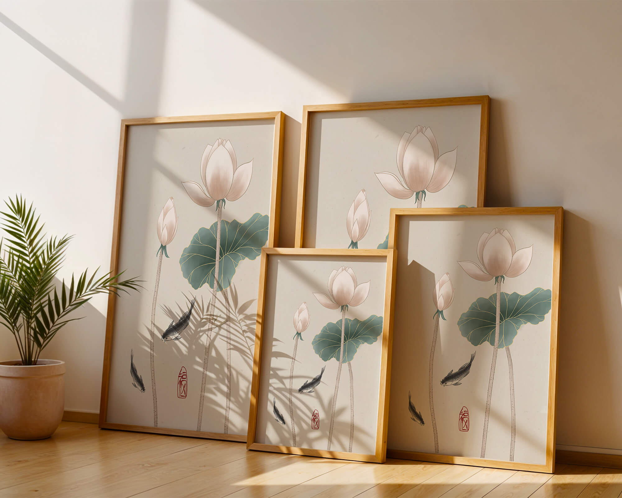 Lotus flowers and koi fish in minimalist Asian art illustration