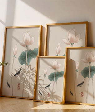 Fleurs de lotus et carpes koï dans une illustration d’art asiatique minimaliste