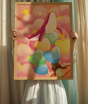 Globos con forma de corazón y ballena en una escena caprichosa y colorida