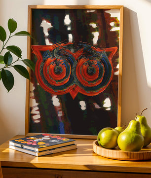 Abstract artwork featuring colorful geometric owl design