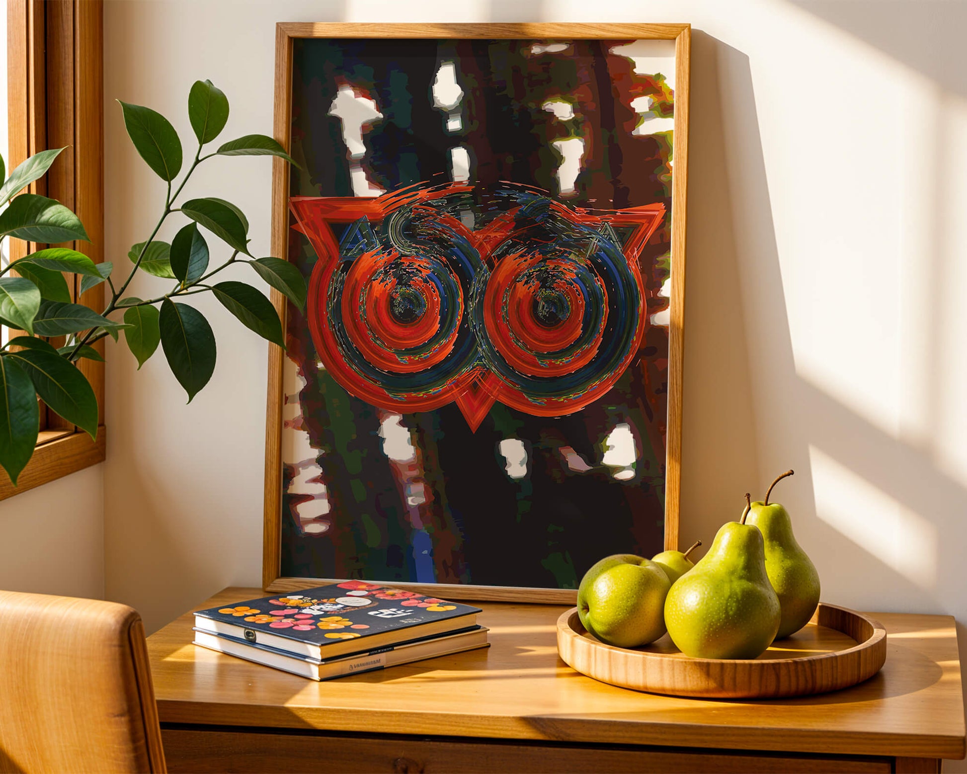 Abstract artwork featuring colorful geometric owl design
