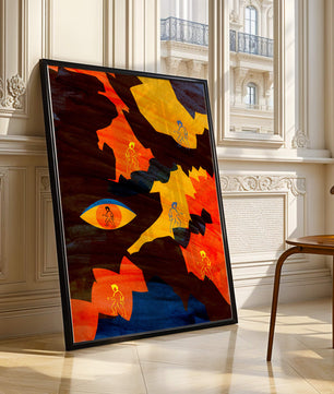 Abstract colorful artwork with eye and silhouettes