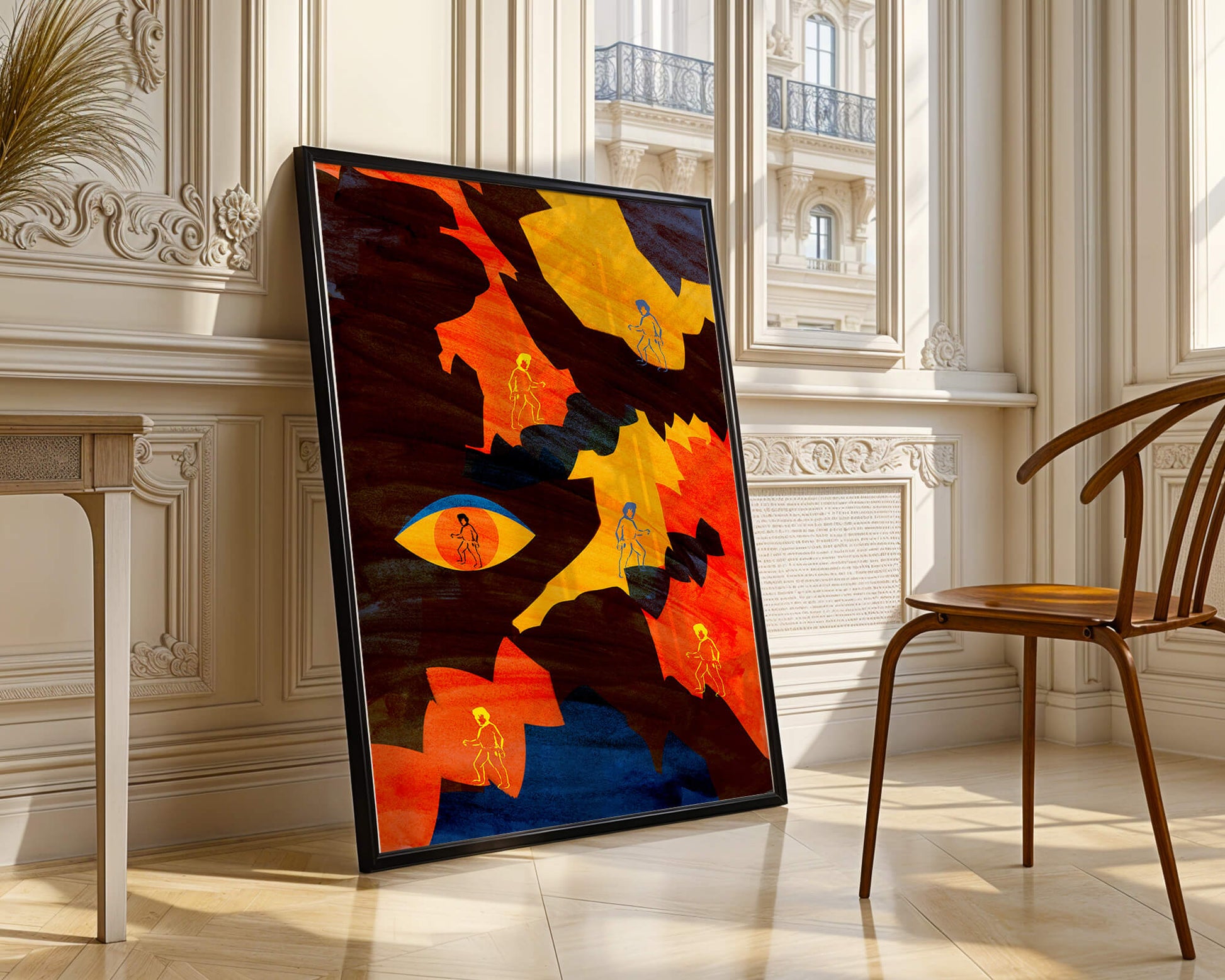 Abstract colorful artwork with eye and silhouettes