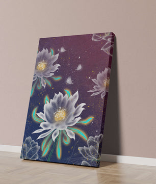 Floral Fantasy with Glowing Elements and Butterflies in Night Sky
