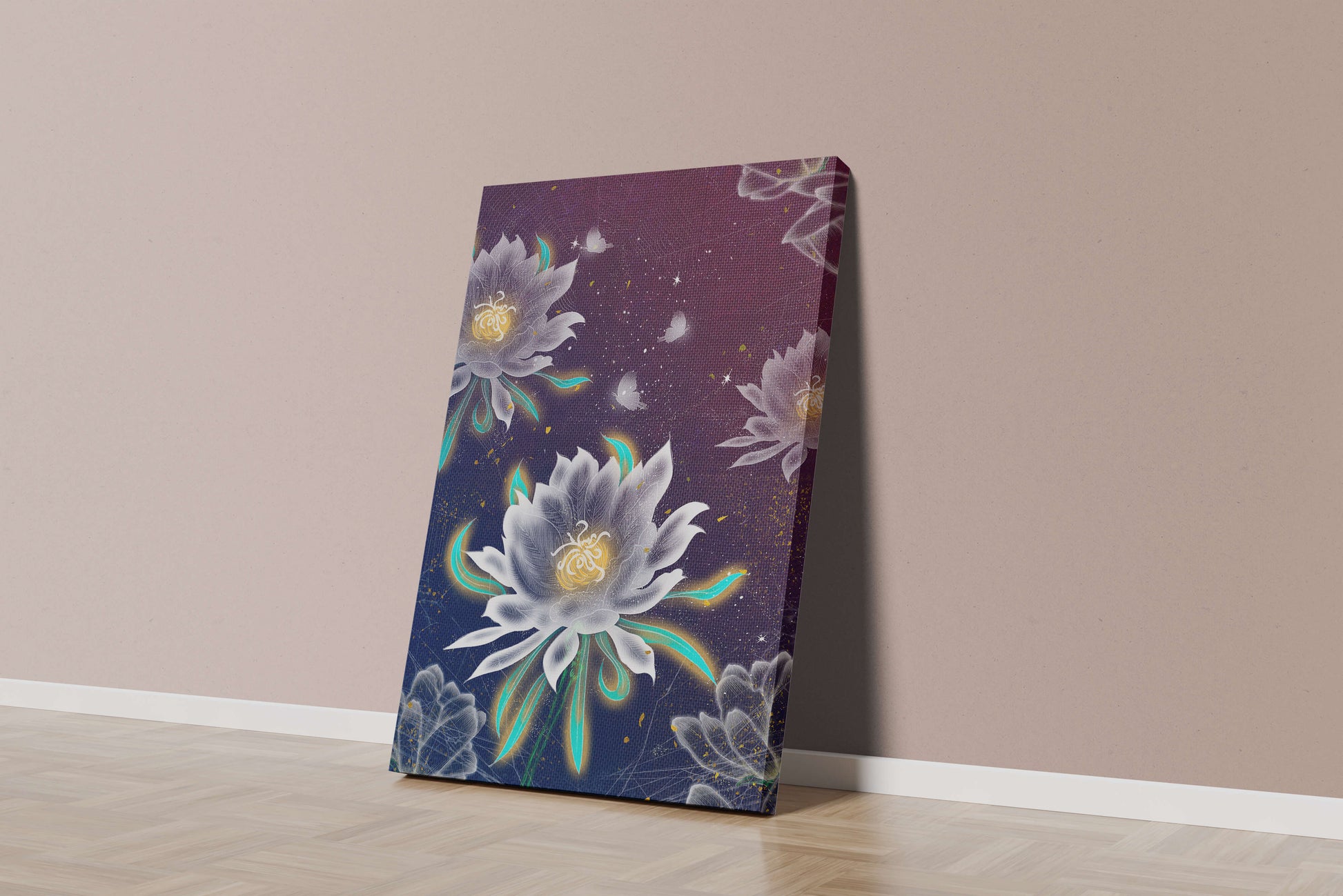Floral Fantasy with Glowing Elements and Butterflies in Night Sky