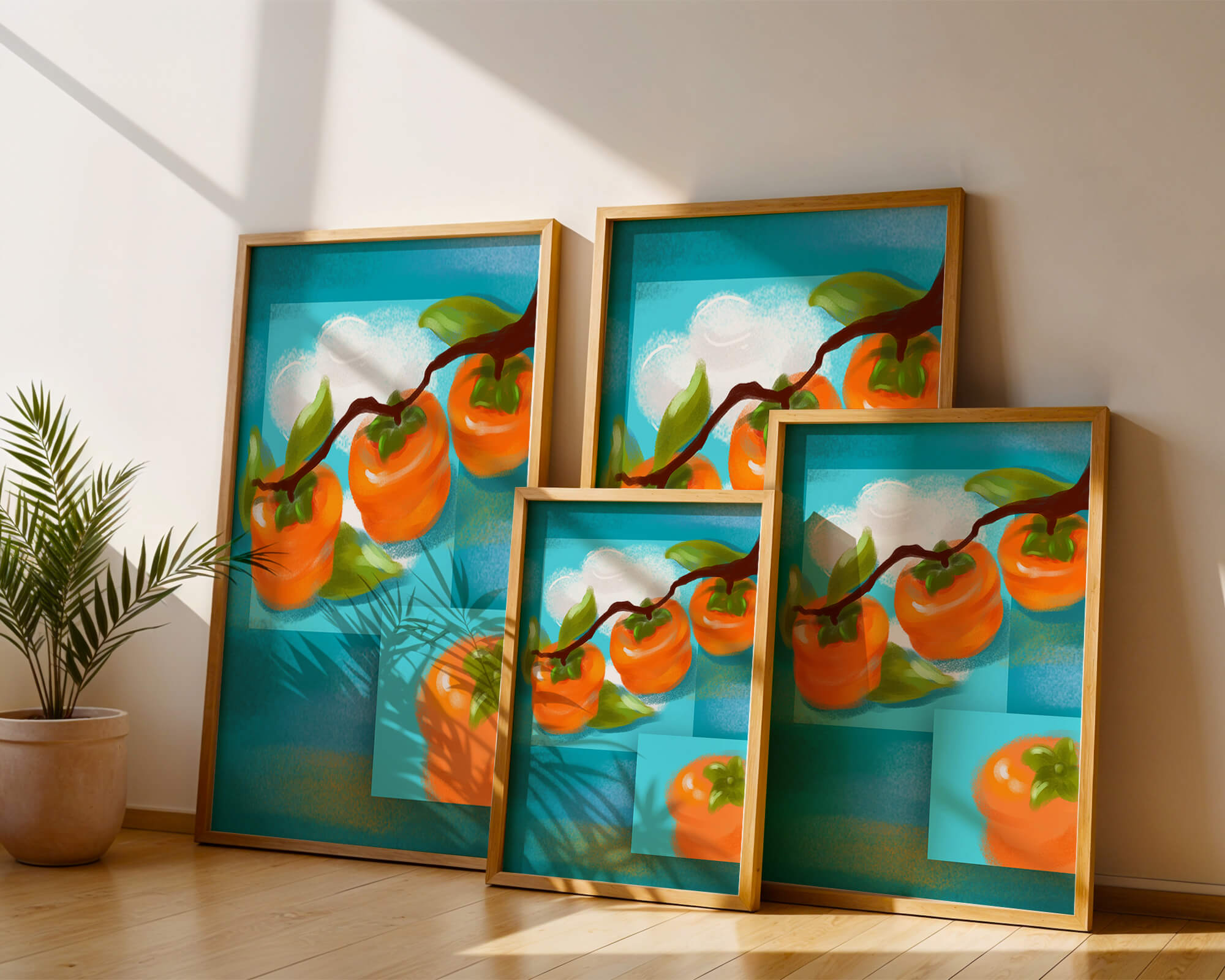 Vibrant persimmons on a branch with a blue background
