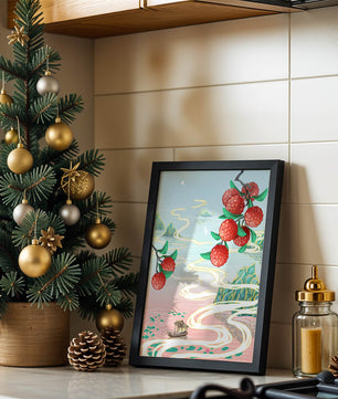 Idyllic Landscape with Lush Lychee Branches and Serene Waterscape