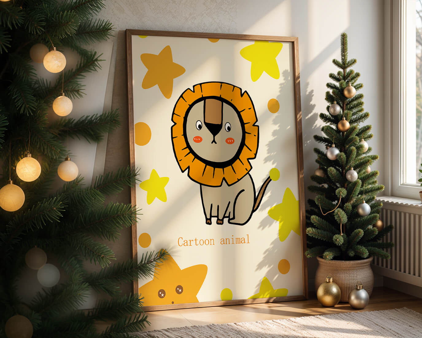 Cute cartoon lion illustration with stars for children's room
