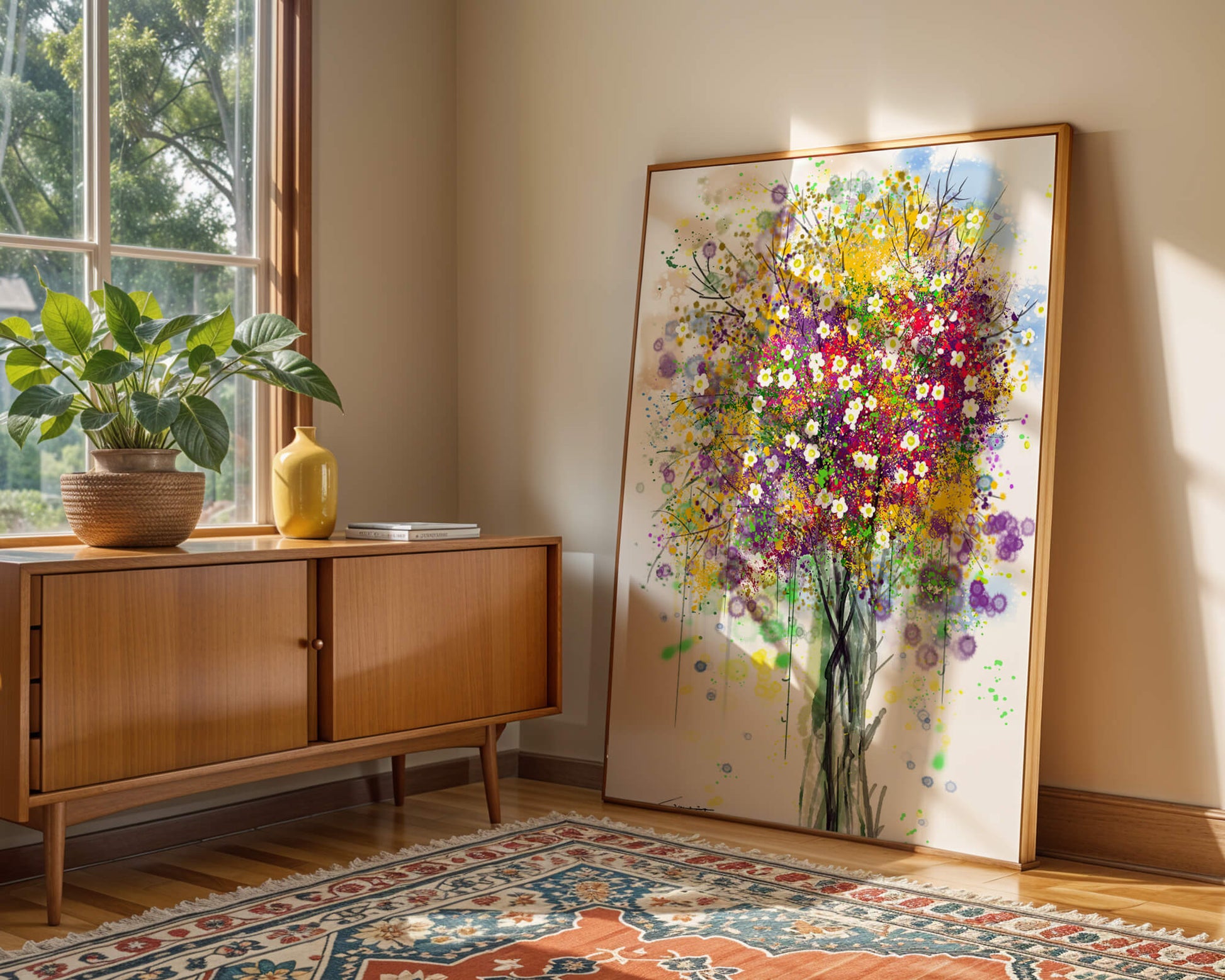 Abstract expressionist floral tree with vibrant colors