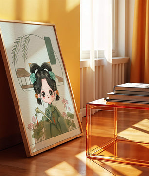 Charming illustration of a cute character in traditional Asian attire with floral elements