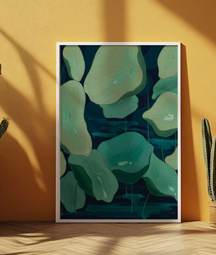 Green lily pads on a dark water background illustration